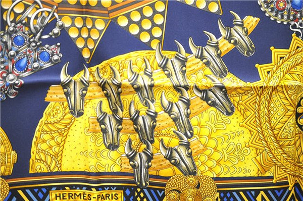 Authentic HERMES Carre 90 Scarf "L'OR DES CHEFS" Silk Navy 4518E