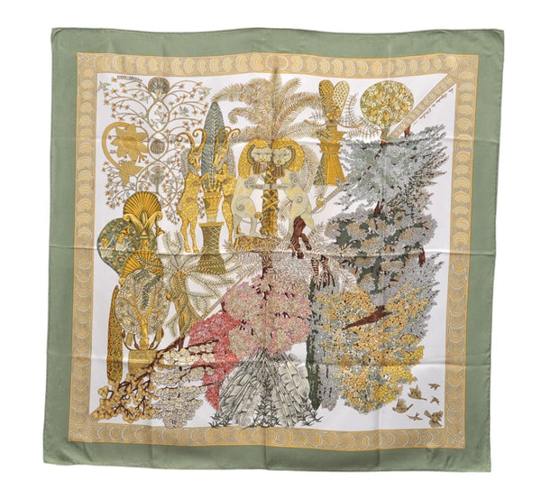 Authentic HERMES Carre 90 Scarf "Les legendes de l’Arbre" Silk Green 4520E