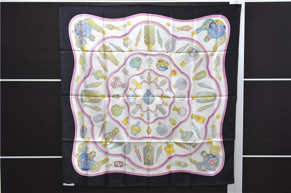 Authentic HERMES Carre 90 Scarf "Qu'importe le flacon" Silk Black 4522E