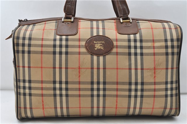 Authentic Burberrys Vintage Check Canvas Travel Boston Bag Brown Beige 4523D