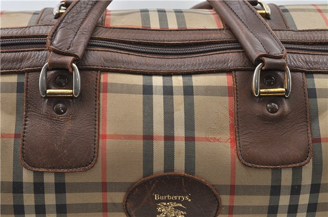 Authentic Burberrys Vintage Check Canvas Travel Boston Bag Brown Beige 4523D