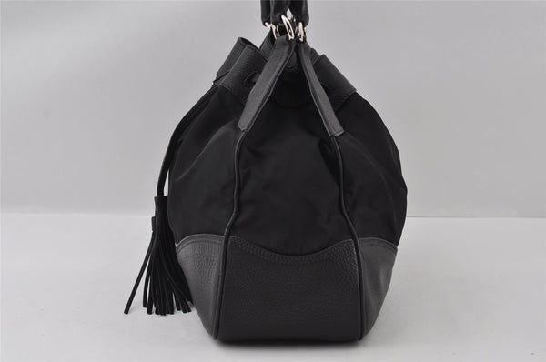 Authentic PRADA Nylon Tessuto Leather Tassel Drawstring Tote Bag Black 4550I