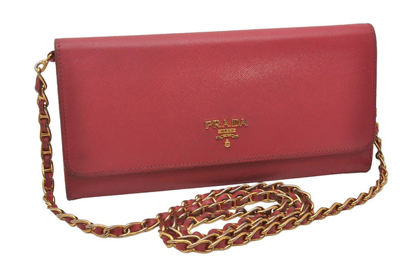 Authentic PRADA Saffiano Multic Leather Chain Shoulder Long Wallet Pink 4552I