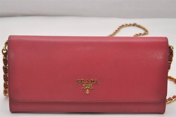 Authentic PRADA Saffiano Multic Leather Chain Shoulder Long Wallet Pink 4552I