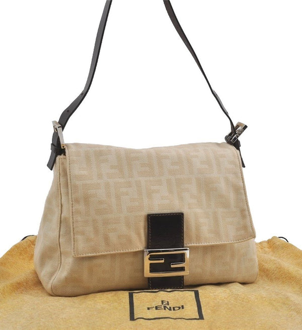 Authentic FENDI Zucca Mamma Baguette Shoulder Bag Canvas Leather Beige 4560I
