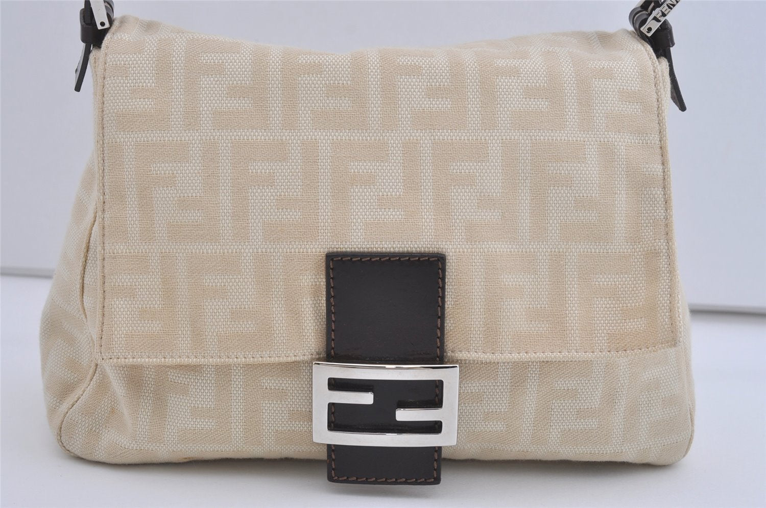 Authentic FENDI Zucca Mamma Baguette Shoulder Bag Canvas Leather Beige 4560I