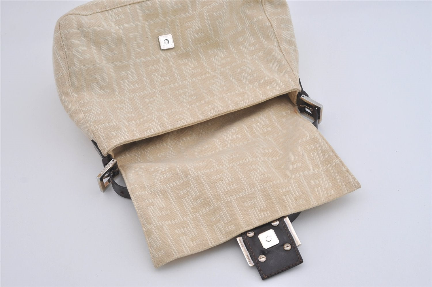 Authentic FENDI Zucca Mamma Baguette Shoulder Bag Canvas Leather Beige 4560I