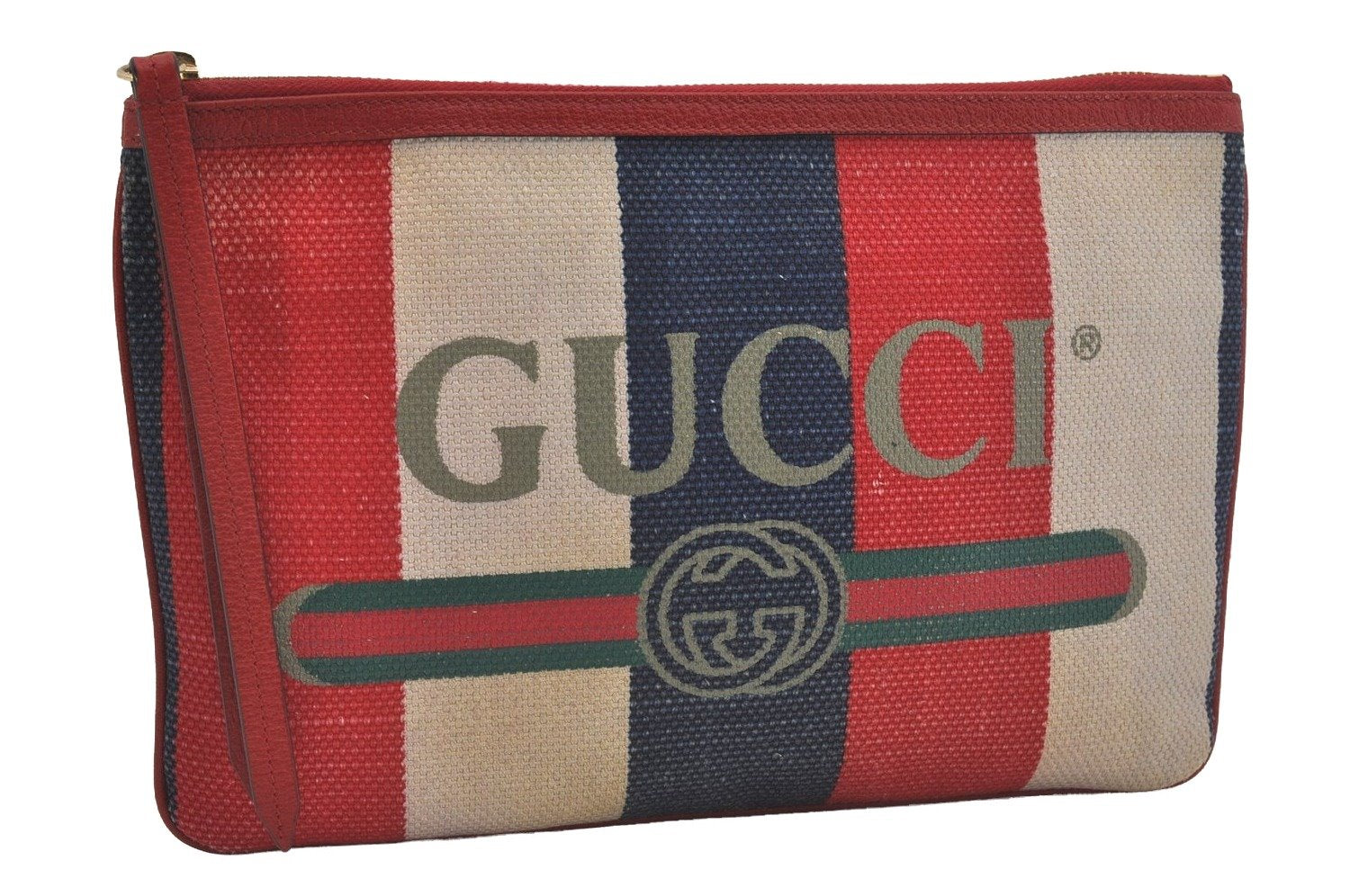 Authentic GUCCI Sylvie Biadera Stripe Clutch Bag Canvas Leather 524788 Red 4563I