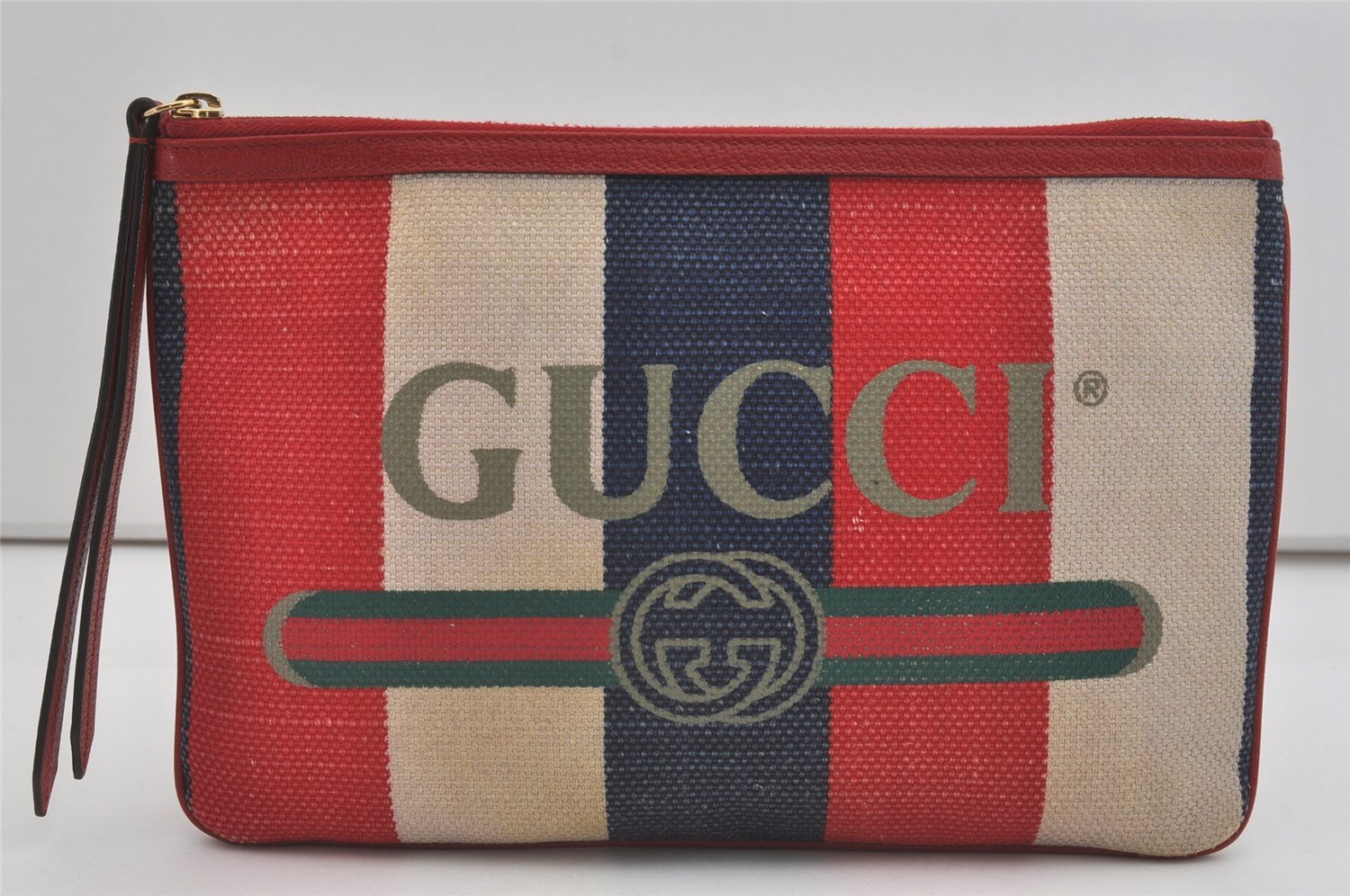 Authentic GUCCI Sylvie Biadera Stripe Clutch Bag Canvas Leather 524788 Red 4563I