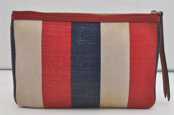 Authentic GUCCI Sylvie Biadera Stripe Clutch Bag Canvas Leather 524788 Red 4563I