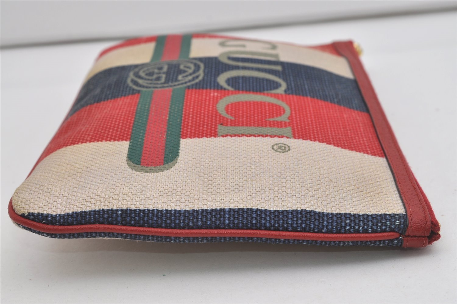 Authentic GUCCI Sylvie Biadera Stripe Clutch Bag Canvas Leather 524788 Red 4563I