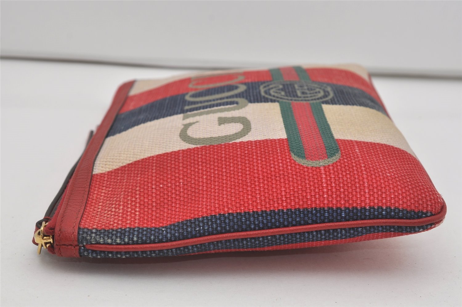 Authentic GUCCI Sylvie Biadera Stripe Clutch Bag Canvas Leather 524788 Red 4563I