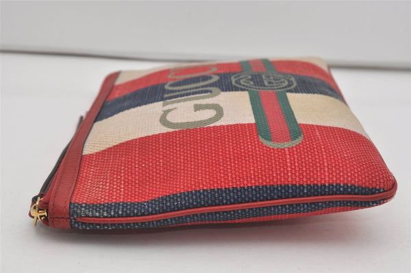 Authentic GUCCI Sylvie Biadera Stripe Clutch Bag Canvas Leather 524788 Red 4563I
