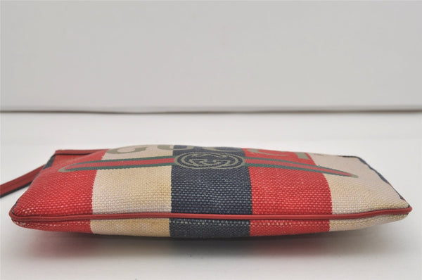 Authentic GUCCI Sylvie Biadera Stripe Clutch Bag Canvas Leather 524788 Red 4563I