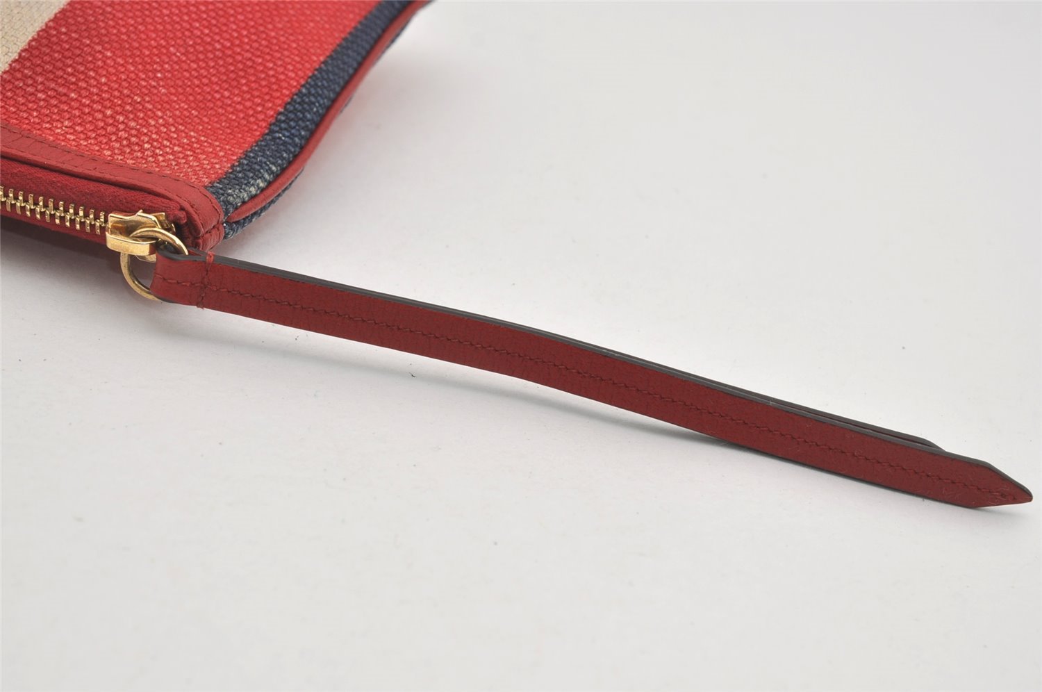 Authentic GUCCI Sylvie Biadera Stripe Clutch Bag Canvas Leather 524788 Red 4563I