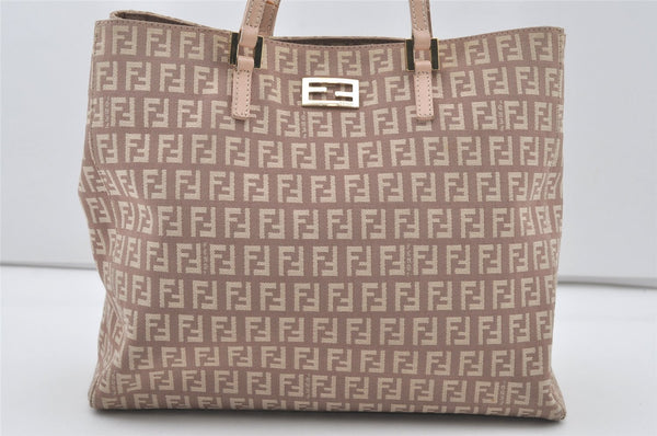 Authentic FENDI Vintage Zucchino Hand Bag Purse Canvas Leather Beige 4566I