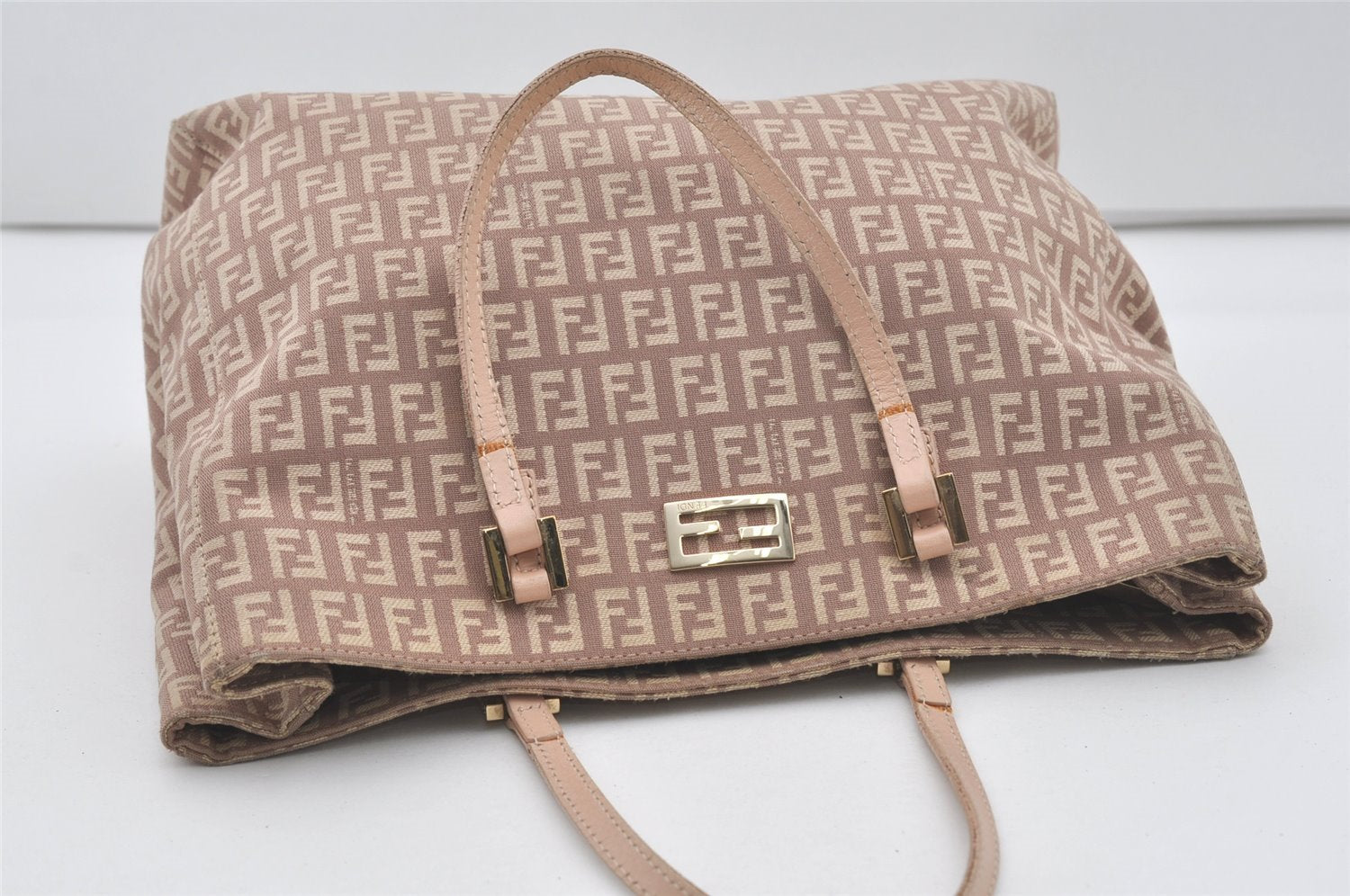 Authentic FENDI Vintage Zucchino Hand Bag Purse Canvas Leather Beige 4566I