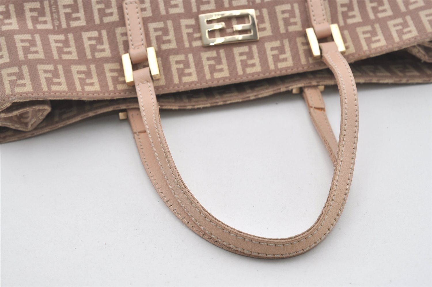 Authentic FENDI Vintage Zucchino Hand Bag Purse Canvas Leather Beige 4566I
