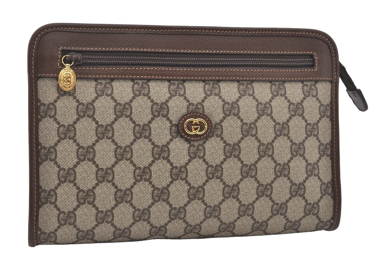 Authentic GUCCI Vintage Clutch Hand Bag Purse GG PVC Leather Brown 4570I