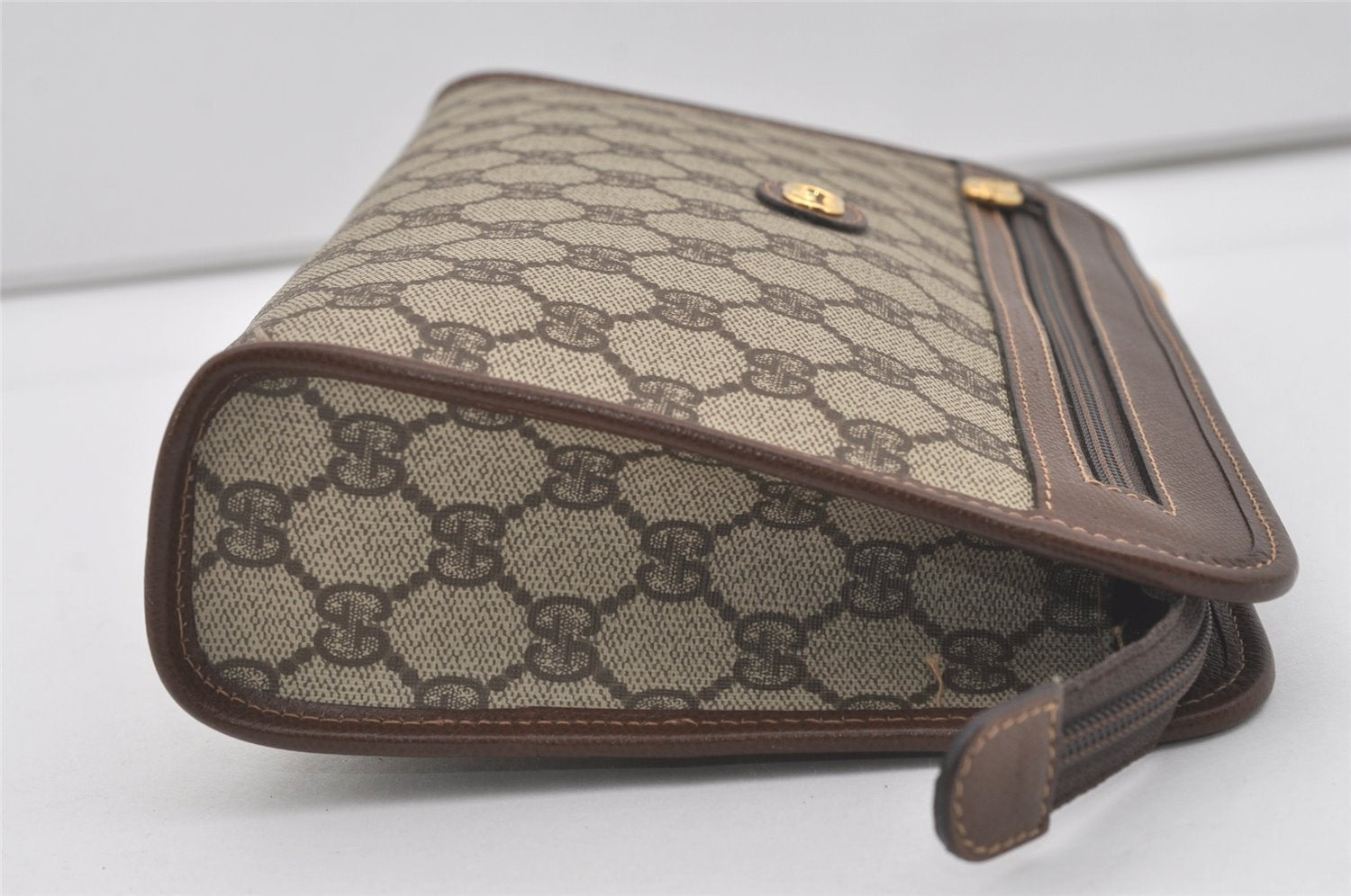 Authentic GUCCI Vintage Clutch Hand Bag Purse GG PVC Leather Brown 4570I