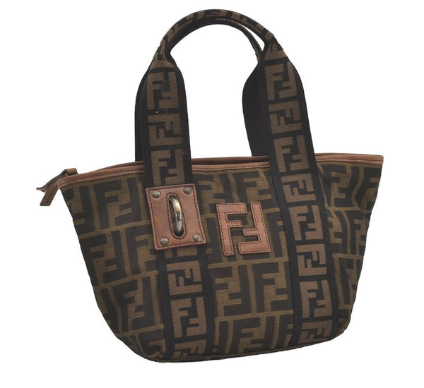 Authentic FENDI Zucca Hand Tote Bag Purse Nylon Leather Brown Black 4572I