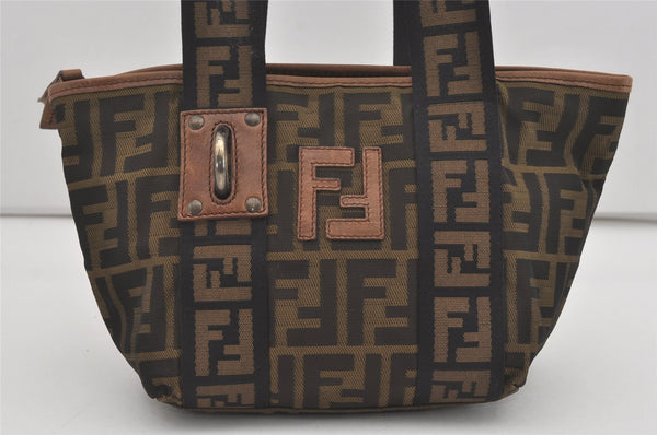 Authentic FENDI Zucca Hand Tote Bag Purse Nylon Leather Brown Black 4572I