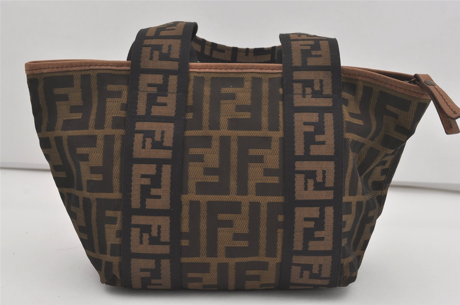 Authentic FENDI Zucca Hand Tote Bag Purse Nylon Leather Brown Black 4572I