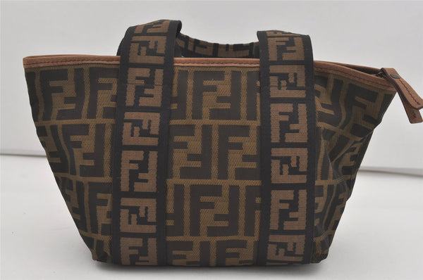 Authentic FENDI Zucca Hand Tote Bag Purse Nylon Leather Brown Black 4572I