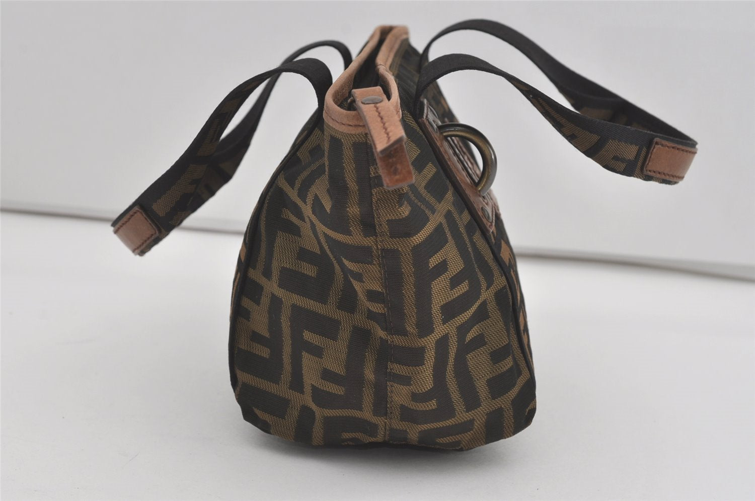 Authentic FENDI Zucca Hand Tote Bag Purse Nylon Leather Brown Black 4572I