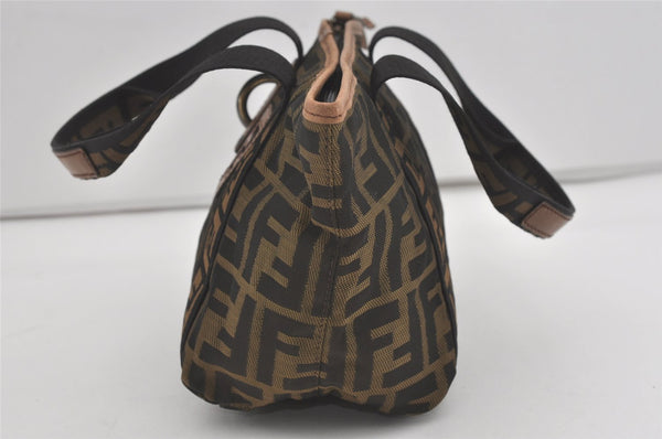 Authentic FENDI Zucca Hand Tote Bag Purse Nylon Leather Brown Black 4572I