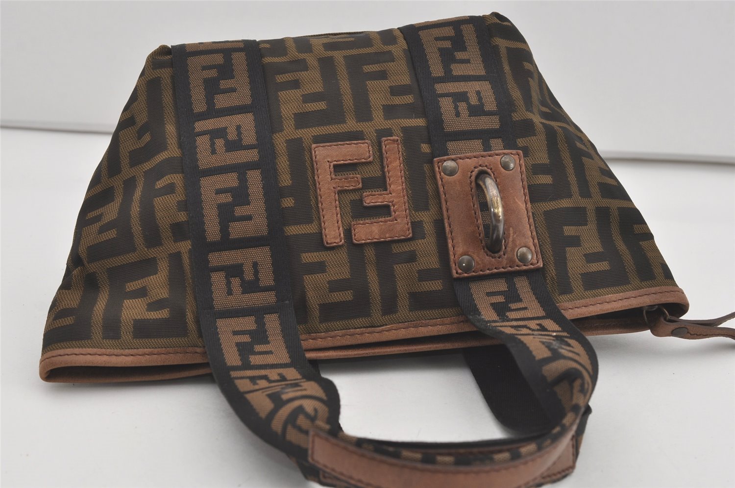 Authentic FENDI Zucca Hand Tote Bag Purse Nylon Leather Brown Black 4572I