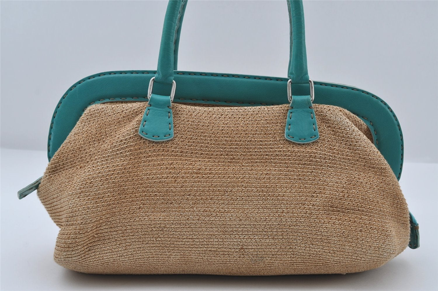 Authentic FENDI Selleria Shoulder Hand Bag Purse Straw Leather Beige 4573I