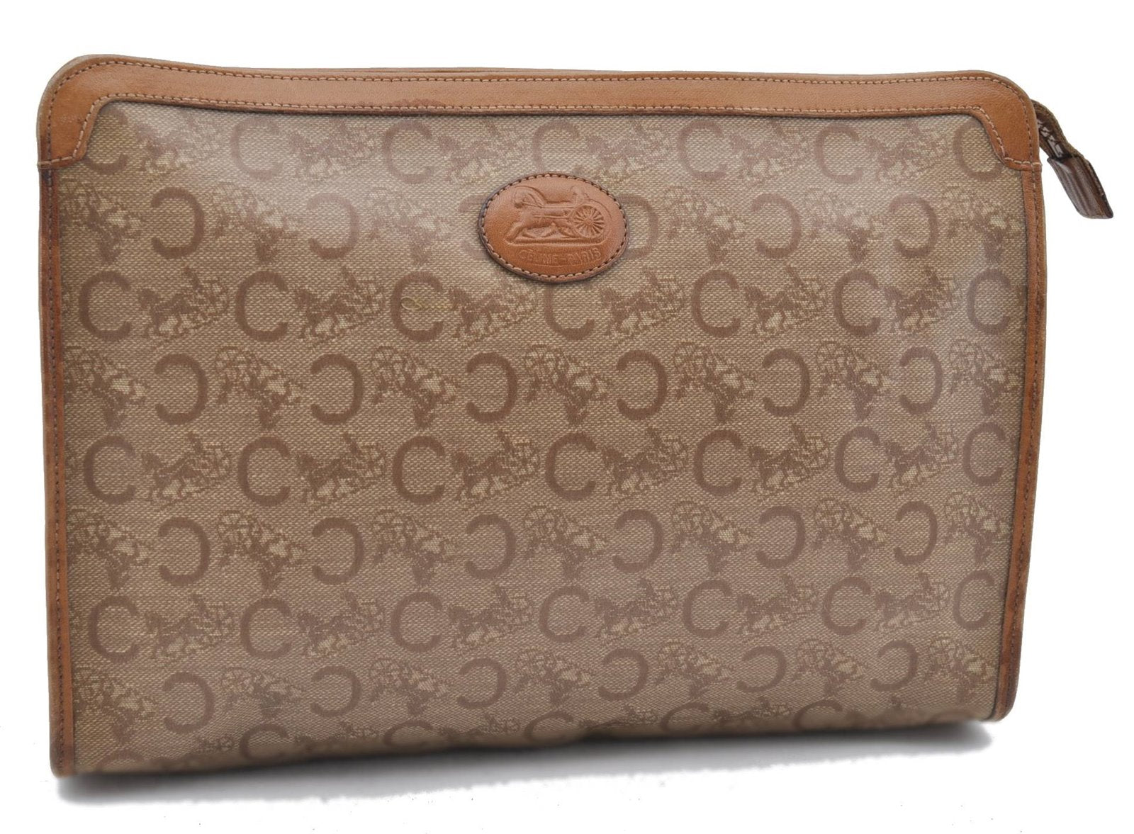 Authentic CELINE C Macadam Pattern Clutch Bag PVC Leather Beige 4578C