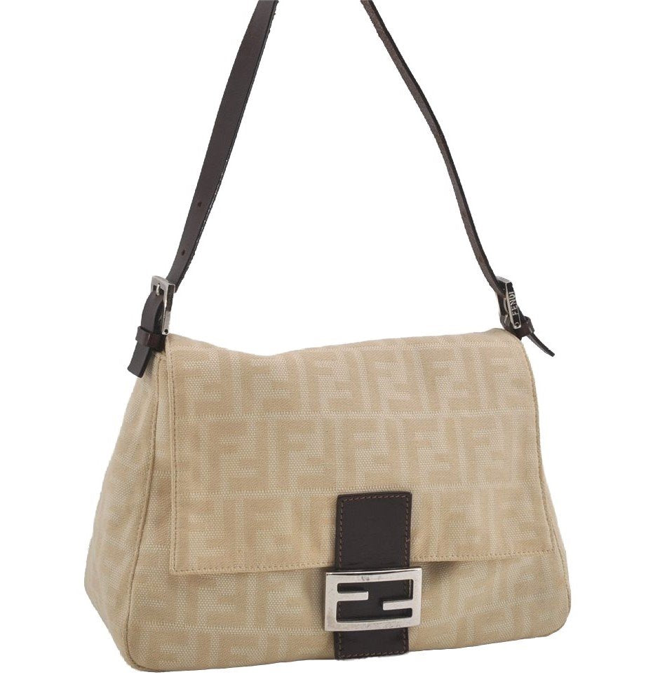 Authentic FENDI Zucca Mamma Baguette Shoulder Bag Canvas Leather Beige 4589I