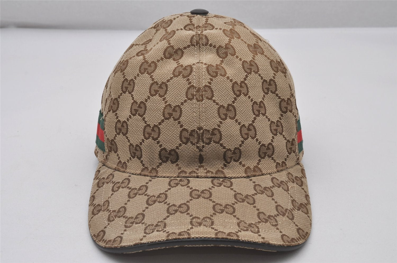 Authentic GUCCI Web Sherry Line Cap GG Canvas Leather Size M 200035 Brown 4590I