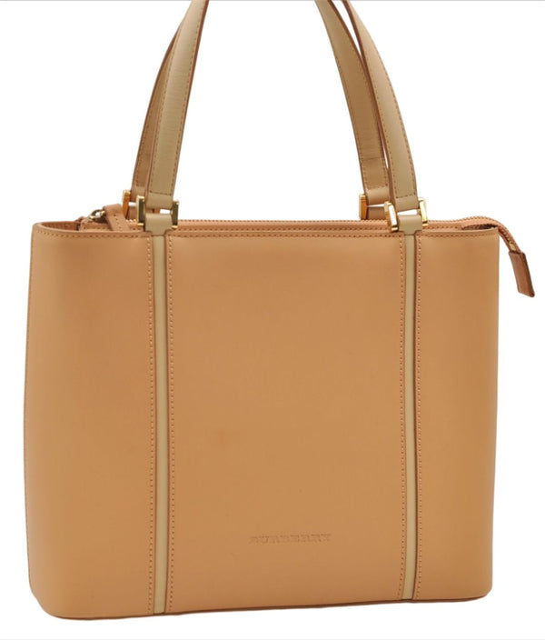 Authentic BURBERRY Vintage Leather Shoulder Hand Tote Bag Purse Beige 4592E