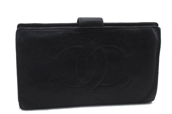 Authentic CHANEL Calf Skin CoCo Mark Long Bifold Wallet Purse Black 4605C