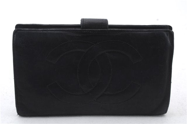 Authentic CHANEL Calf Skin CoCo Mark Long Bifold Wallet Purse Black 4605C