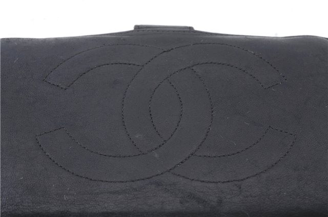 Authentic CHANEL Calf Skin CoCo Mark Long Bifold Wallet Purse Black 4605C