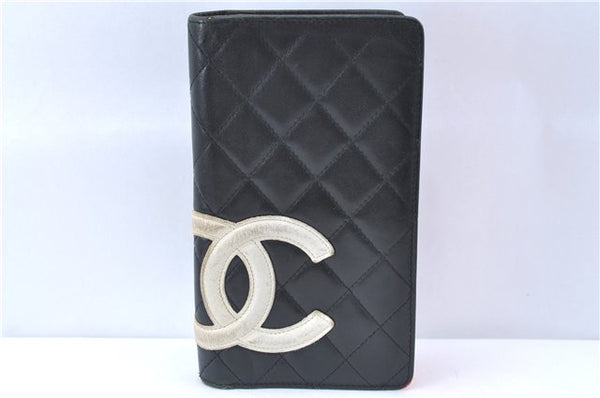 Auth CHANEL Calf Skin Cambon Line CC Logo Bifold Long Wallet Purse Black 4611C