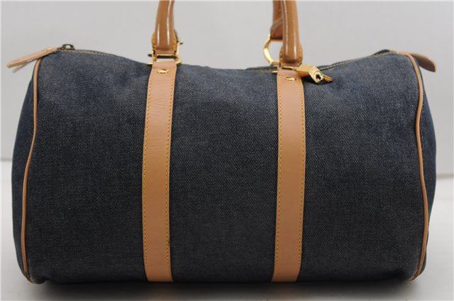 Authentic Christian Dior Boston Hand Bag Denim Canvas Leather Navy Blue CD 4611F