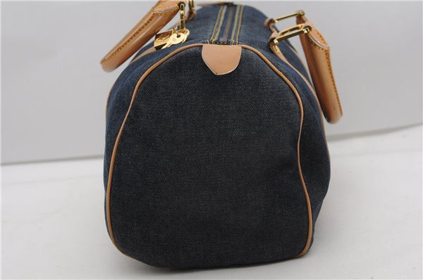 Authentic Christian Dior Boston Hand Bag Denim Canvas Leather Navy Blue CD 4611F