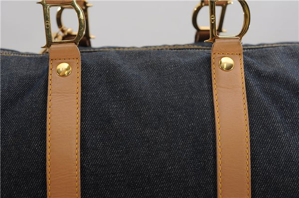 Authentic Christian Dior Boston Hand Bag Denim Canvas Leather Navy Blue CD 4611F