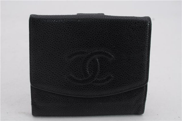 Authentic CHANEL Caviar Skin CoCo Mark Bifold Wallet Purse Black 4612C