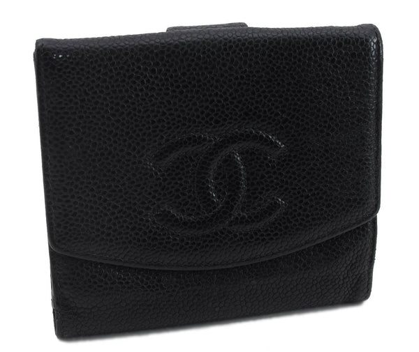 Authentic CHANEL Caviar Skin CoCo Mark Bifold Wallet Purse Black 4612C