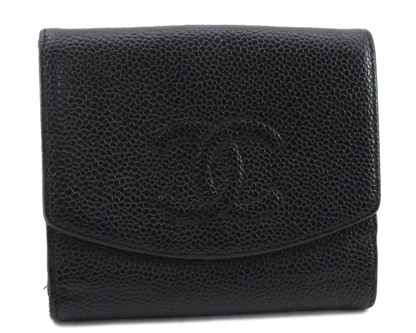 Authentic CHANEL Caviar Skin CoCo Mark Bifold Wallet Purse Black 4613C