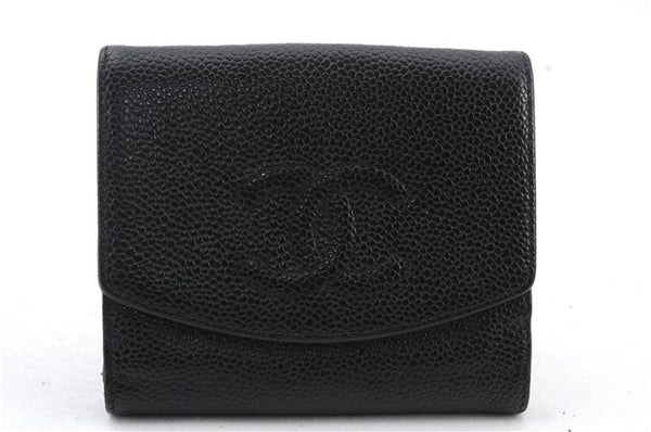 Authentic CHANEL Caviar Skin CoCo Mark Bifold Wallet Purse Black 4613C