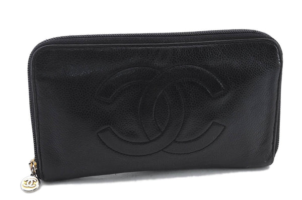 Authentic CHANEL Caviar Skin CoCo Mark Round Zip Long Wallet Purse Black 4614C