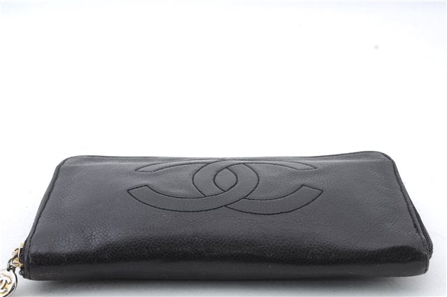 Authentic CHANEL Caviar Skin CoCo Mark Round Zip Long Wallet Purse Black 4614C