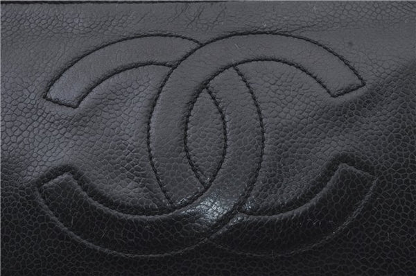 Authentic CHANEL Caviar Skin CoCo Mark Round Zip Long Wallet Purse Black 4614C